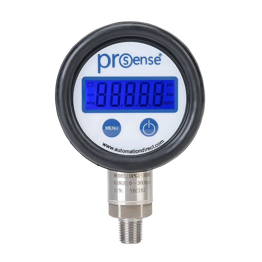 DPG1-3000 - ProSense digital pressure gauge, 0 to 3000 psig, 0.5% of full scale accuracy, stainless steel wetted parts, 1/4in male NPT process connection, lower mount.