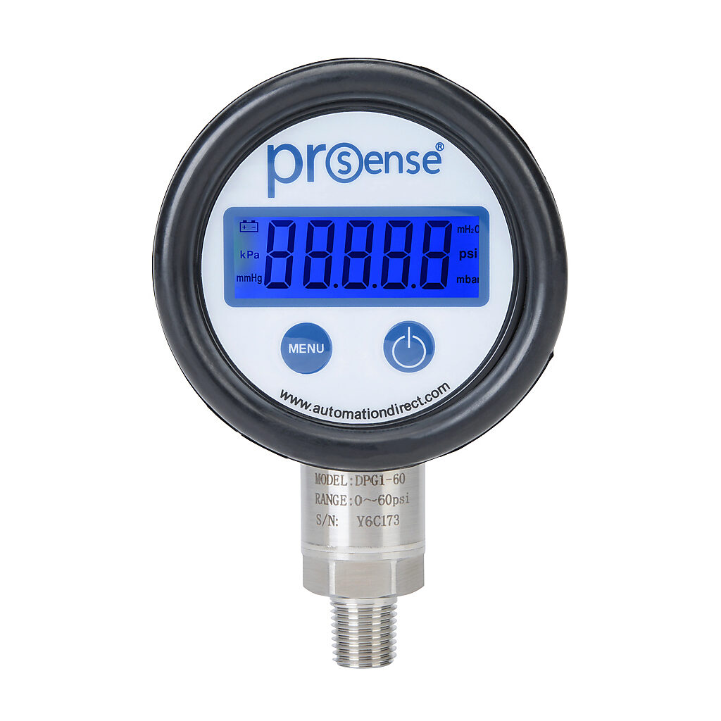 DPG1-60 - ProSense digital pressure gauge, 0 to 60 psig, 0.5% of full scale accuracy, stainless steel wetted parts, 1/4in male NPT process connection, lower mount.