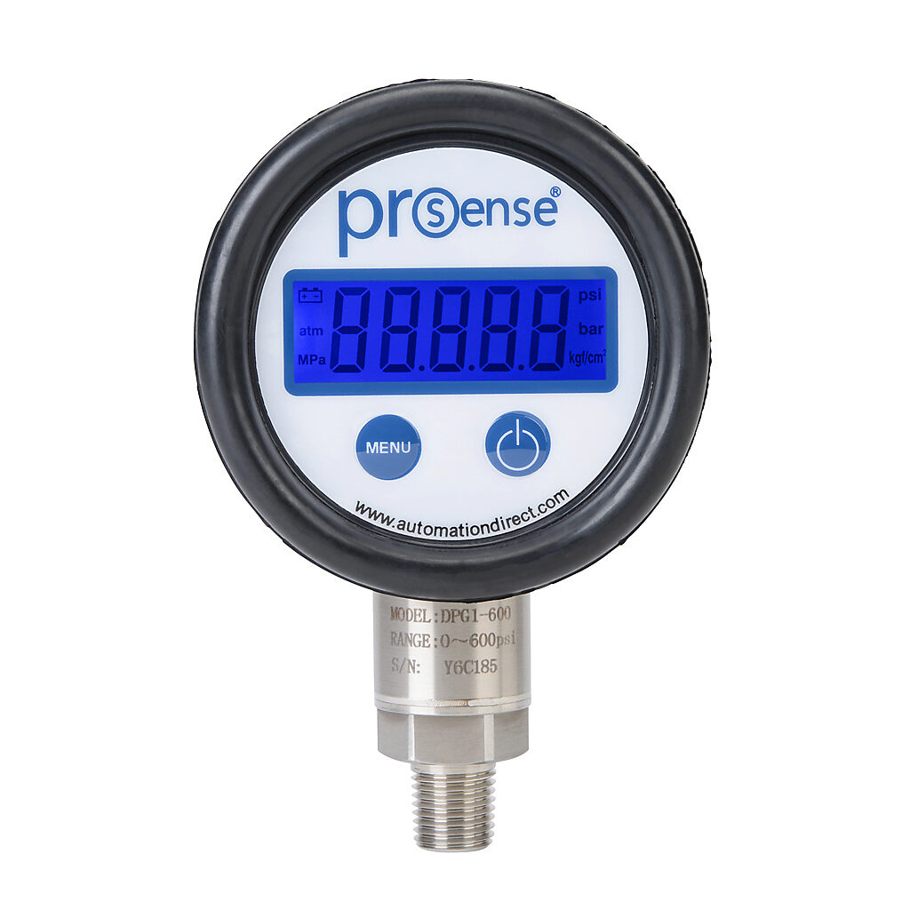 DPG1-600 - ProSense digital pressure gauge, 0 to 600 psig, 0.5% of full scale accuracy, stainless steel wetted parts, 1/4in male NPT process connection, lower mount.