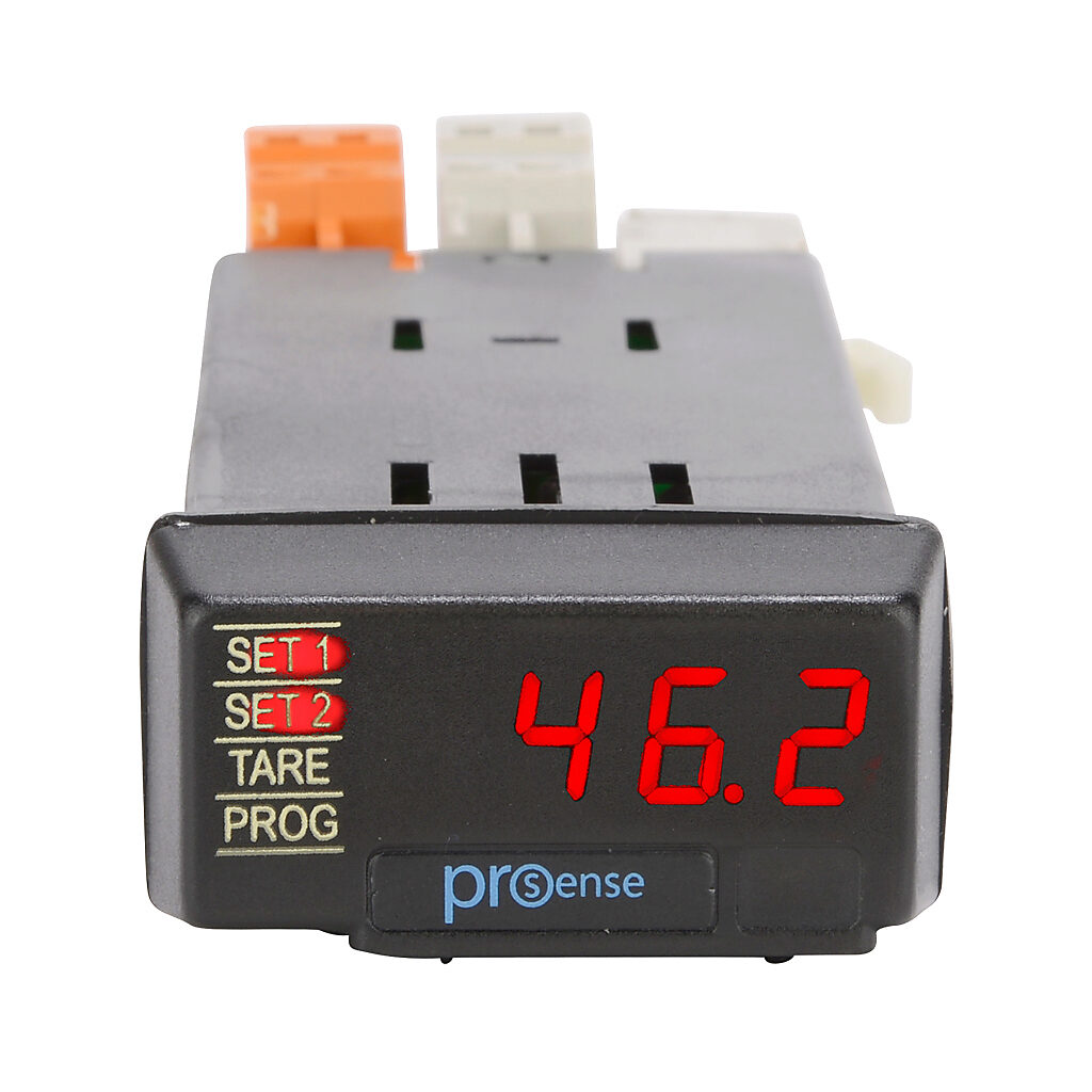 DPM1-A-2R-L - ProSense digital panel meter, panel mount, 1/32 DIN, 8mm 4-digit red LED, current or voltage input, (2) 5A SPST relays output, 21-53 VAC/10.5-70 VDC operating voltage.