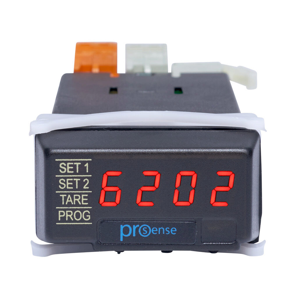 DPM1-P-A2R-H - ProSense digital panel meter, panel mount, 1/32 DIN, 8mm 4-digit red LED, pulse or frequency input, 0/4-20 mA and (2) 5A SPST relays output, 85-265 VAC/100-300 VDC operating voltage.