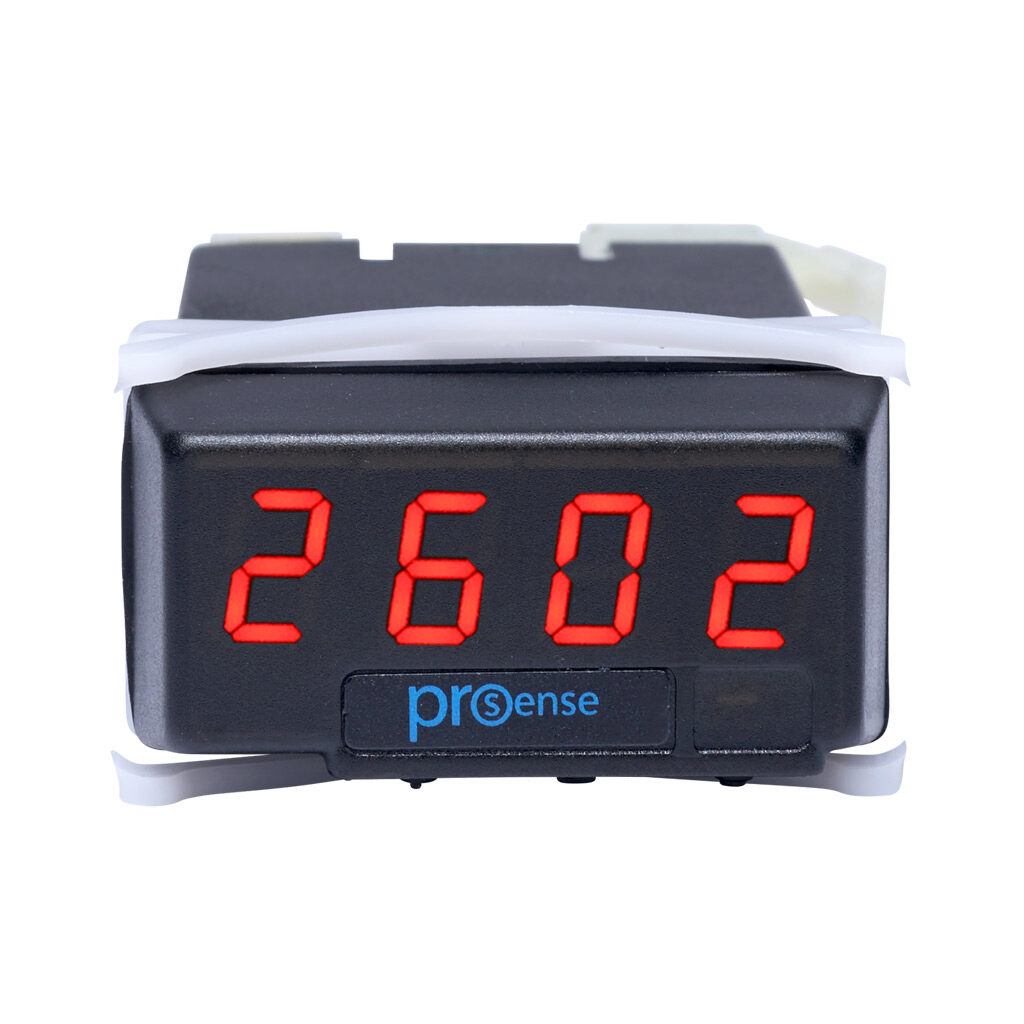 DPM1-P-H - ProSense digital panel meter, panel mount, 1/32 DIN, 10mm 4-digit red LED, pulse or frequency input, 85-265 VAC/100-300 VDC operating voltage.
