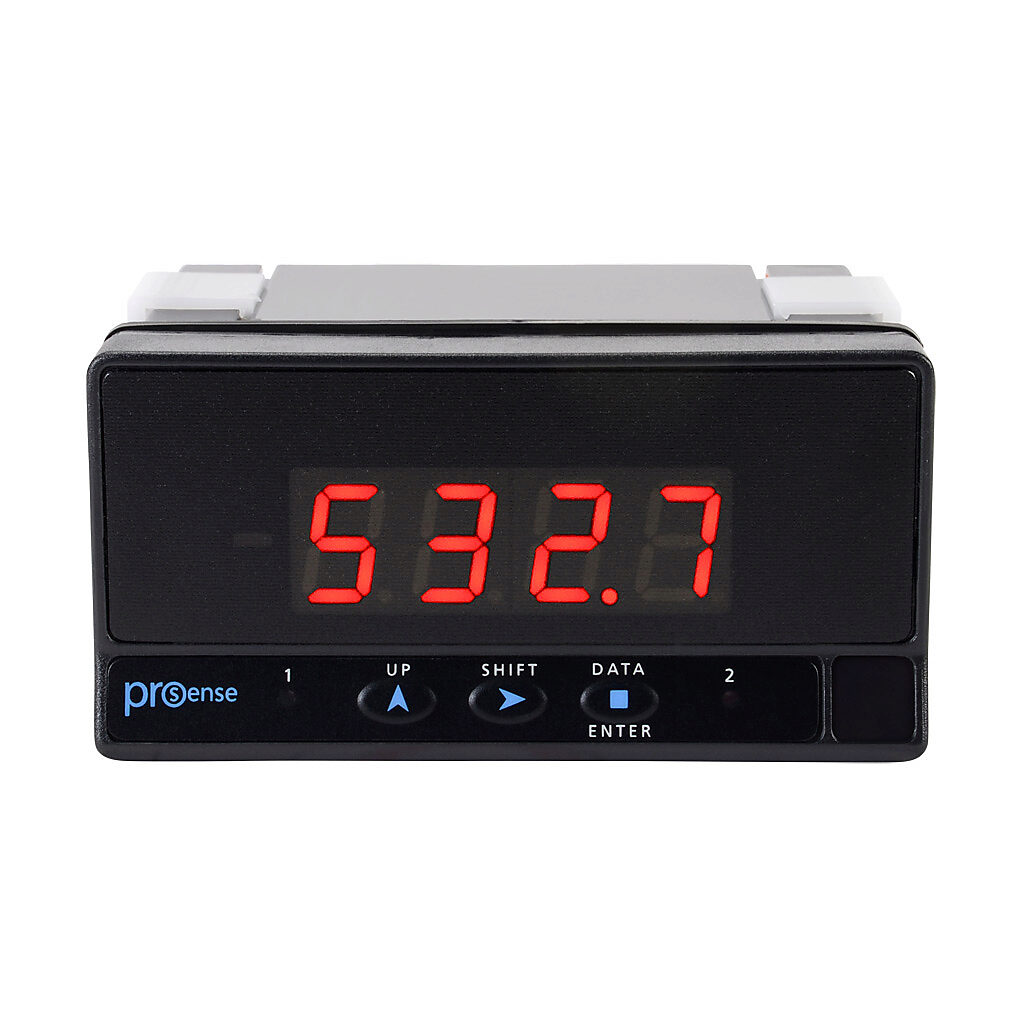 DPM2-E-2R-HL - ProSense digital panel meter, panel mount, 1/8 DIN, 14mm 4-digit red LED, AC/DC current or voltage input, (2) 8A SPDT relays output, 20-265 VAC/11-265 VDC operating voltage.