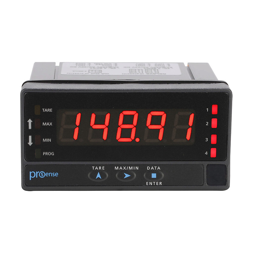 DPM3-AT-4R-H - ProSense digital panel meter, panel mount, 1/8 DIN, 14mm 5-digit tri-color (red, green, amber) LED, current, voltage, load cell, RTD or thermocouple input, (4) 5A SPST relays output, 85-265 VAC/100-300 VDC operating voltage.