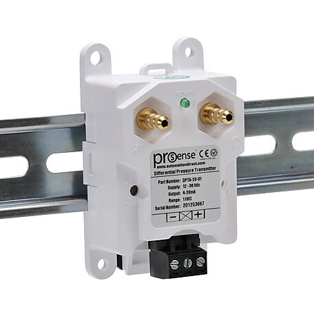 DPTA-20-01 - ProSense differential pressure transmitter, air and gases, 0 to 1.0in of water column range, +/- 1% accuracy, silicone sensing element, 1/4in brass barbed process connection, 12 to 36 VDC operating voltage, screw terminals, 35mm DIN r...