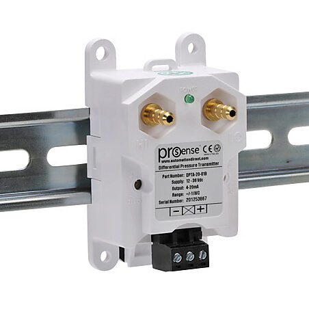DPTA-20-01B - ProSense differential pressure transmitter, air and gases, -1.0 to +1.0in of water column range, +/- 1% accuracy, silicone sensing element, 1/4in brass barbed process connection, 12 to 36 VDC operating voltage, screw terminals, 35mm ...