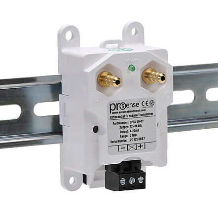 DPTA-20-02 - ProSense differential pressure transmitter, air and gases, 0 to 2.0in of water column range, +/- 1% accuracy, silicone sensing element, 1/4in brass barbed process connection, 12 to 36 VDC operating voltage, screw terminals, 35mm DIN r...