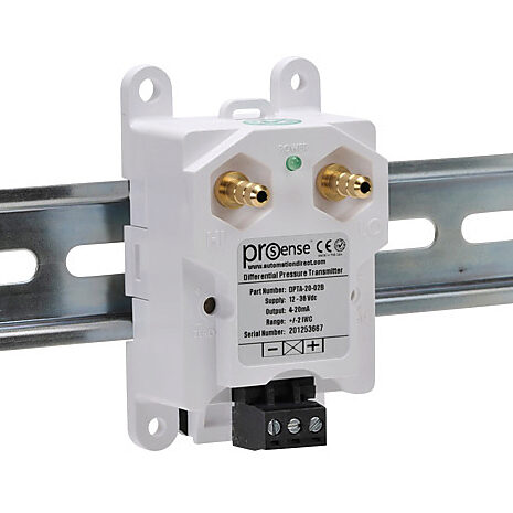 DPTA-20-02B - ProSense differential pressure transmitter, air and gases, -2.0 to +2.0in of water column range, +/- 1% accuracy, silicone sensing element, 1/4in brass barbed process connection, 12 to 36 VDC operating voltage, screw terminals, 35mm ...