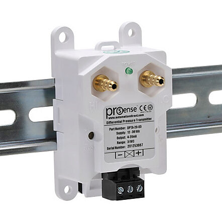 DPTA-20-03 - ProSense differential pressure transmitter, air and gases, 0 to 3.0in of water column range, +/- 1% accuracy, silicone sensing element, 1/4in brass barbed process connection, 12 to 36 VDC operating voltage, screw terminals, 35mm DIN r...