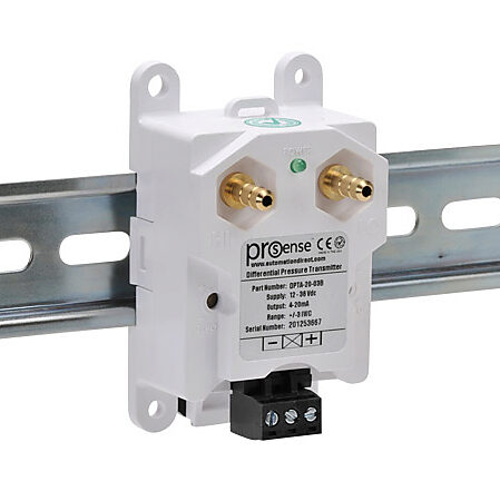 DPTA-20-03B - ProSense differential pressure transmitter, air and gases, -3.0 to +3.0in of water column range, +/- 1% accuracy, silicone sensing element, 1/4in brass barbed process connection, 12 to 36 VDC operating voltage, screw terminals, 35mm ...