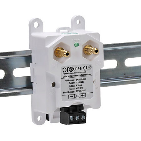 DPTA-20-05B - ProSense differential pressure transmitter, air and gases, -5.0 to +5.0in of water column range, +/- 1% accuracy, silicone sensing element, 1/4in brass barbed process connection, 12 to 36 VDC operating voltage, screw terminals, 35mm ...