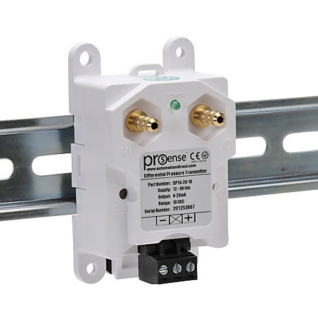 DPTA-20-10 - ProSense differential pressure transmitter, air and gases, 0 to 10.0in of water column range, +/- 1% accuracy, silicone sensing element, 1/4in brass barbed process connection, 12 to 36 VDC operating voltage, screw terminals, 35mm DIN ...