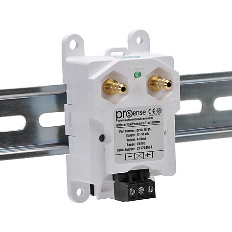 DPTA-20-25 - ProSense differential pressure transmitter, air and gases, 0 to 25.0in of water column range, +/- 1% accuracy, silicone sensing element, 1/4in brass barbed process connection, 12 to 36 VDC operating voltage, screw terminals, 35mm DIN ...