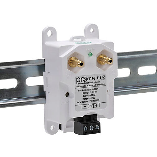 DPTA-20-P1 - ProSense differential pressure transmitter, air and gases, 0 to 0.1in of water column range, +/- 1% accuracy, silicone sensing element, 1/4in brass barbed process connection, 12 to 36 VDC operating voltage, screw terminals, 35mm DIN r...