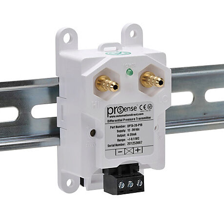 DPTA-20-P1B - ProSense differential pressure transmitter, air and gases, -0.1 to +0.1in of water column range, +/- 1% accuracy, silicone sensing element, 1/4in brass barbed process connection, 12 to 36 VDC operating voltage, screw terminals, 35mm ...