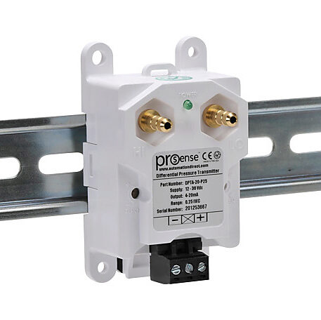 DPTA-20-P25 - ProSense differential pressure transmitter, air and gases, 0 to 0.25in of water column range, +/- 1% accuracy, silicone sensing element, 1/4in brass barbed process connection, 12 to 36 VDC operating voltage, screw terminals, 35mm DIN...