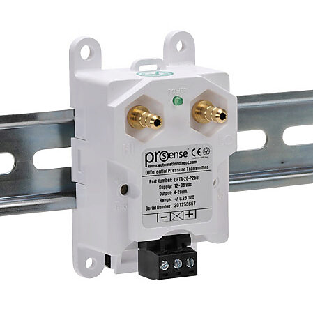 DPTA-20-P25B - ProSense differential pressure transmitter, air and gases, -0.25 to +0.25in of water column range, +/- 1% accuracy, silicone sensing element, 1/4in brass barbed process connection, 12 to 36 VDC operating voltage, screw terminals, 35...