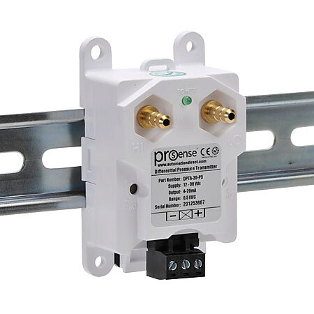DPTA-20-P5 - ProSense differential pressure transmitter, air and gases, 0 to 0.5in of water column range, +/- 1% accuracy, silicone sensing element, 1/4in brass barbed process connection, 12 to 36 VDC operating voltage, screw terminals, 35mm DIN r...