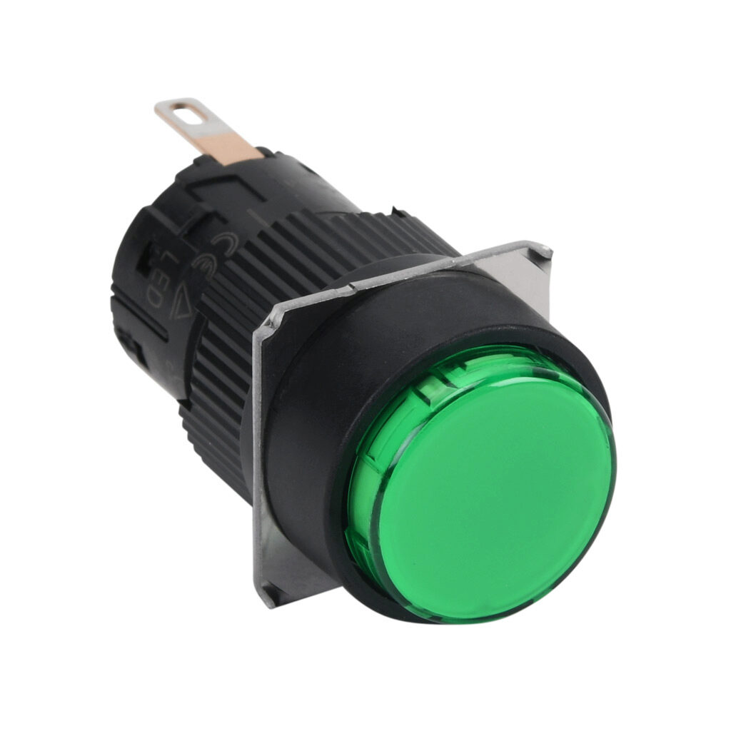 DR16E0L-E3G - Fuji Electric LED indicating light, permanent light function, IP65, 16mm, green, 18mm, round, plastic base, plastic bezel, 24 VAC/VDC, full voltage.