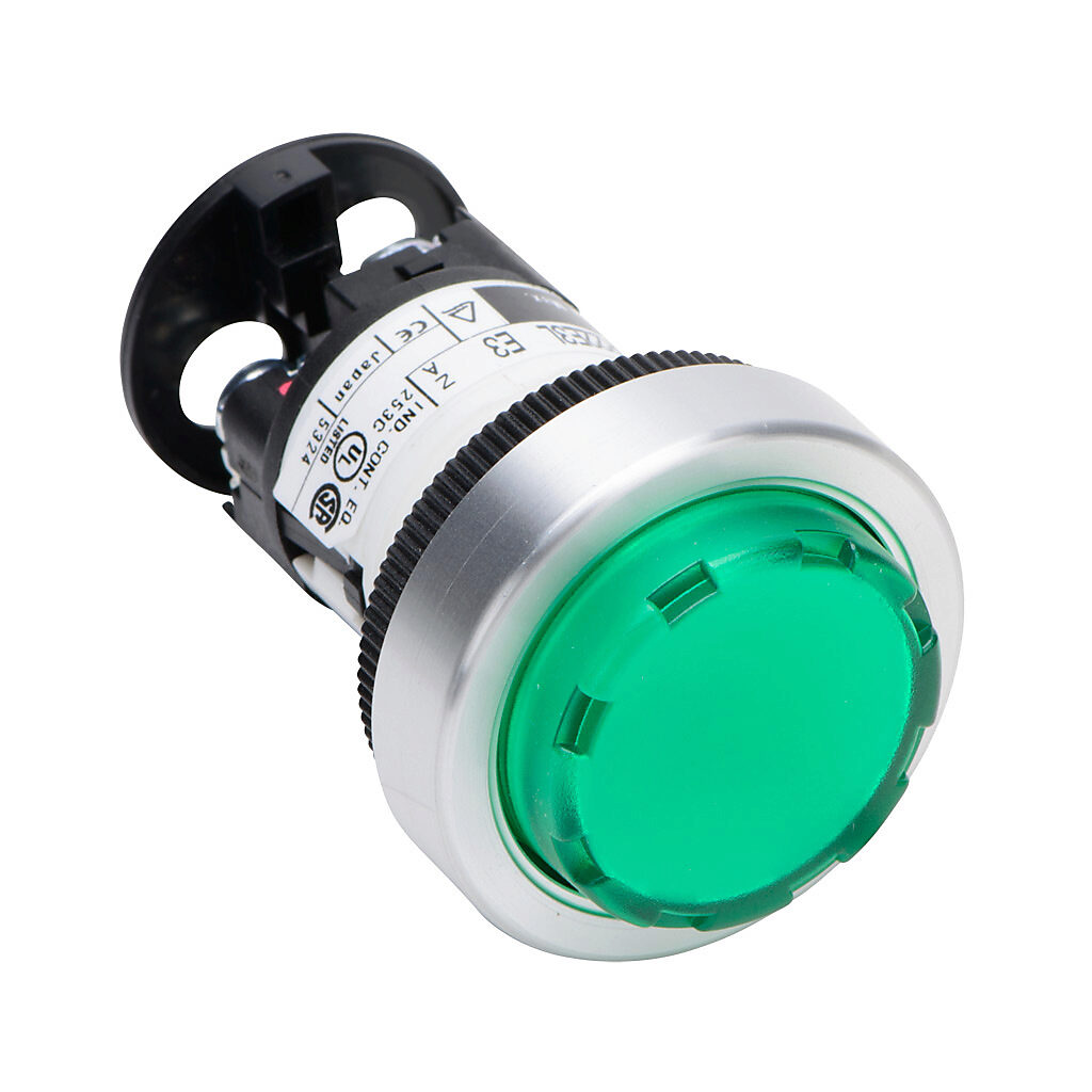 DR22E3L-E3GZA - Fuji Electric LED indicating light, permanent light function, IP65, 22mm, green, 30mm, round, plastic base, metal bezel, 24 VAC/VDC, full voltage.