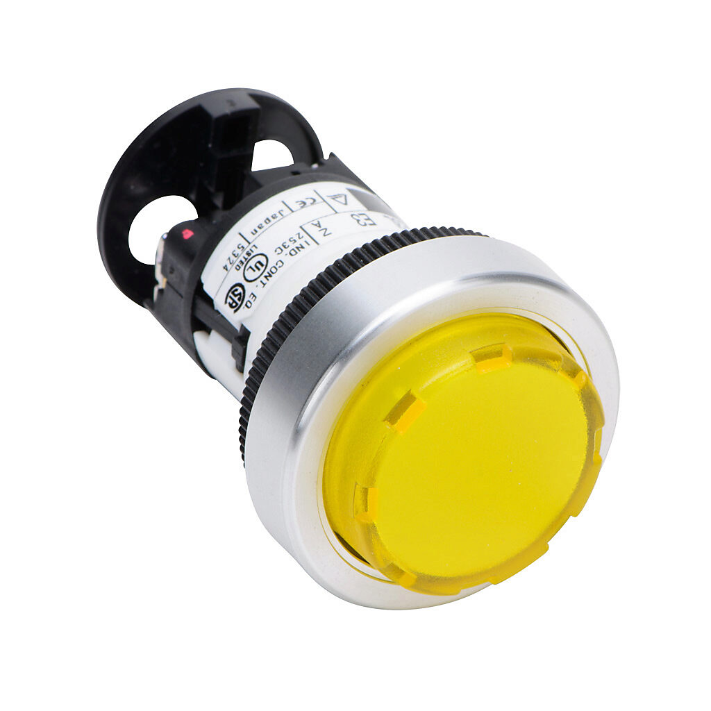 DR22E3L-E3YZA - Fuji Electric LED indicating light, permanent light function, IP65, 22mm, yellow, 30mm, round, plastic base, metal bezel, 24 VAC/VDC, full voltage.