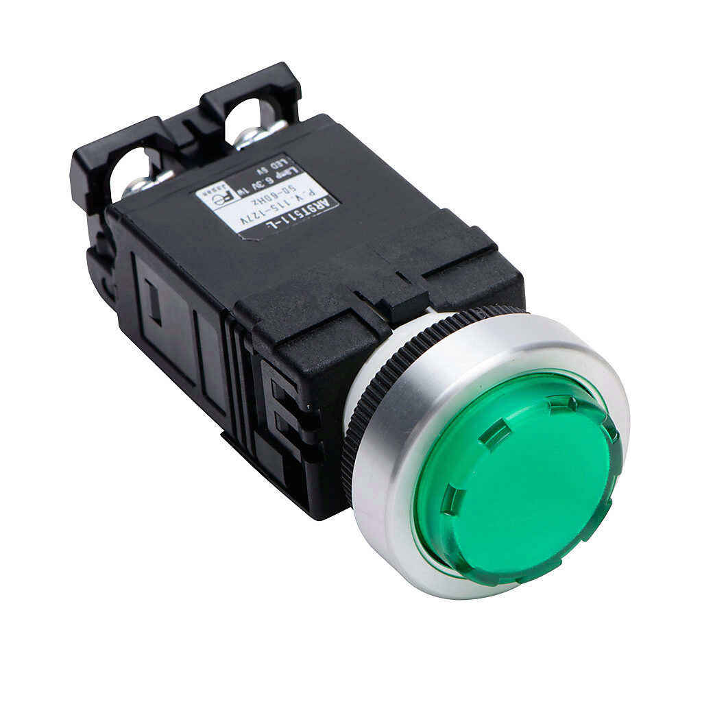 DR22E3L-L3GZA - Fuji Electric LED indicating light, permanent light function, IP65, 22mm, green, 24mm, round, plastic base, metal bezel, 115-127 VAC, transformer.