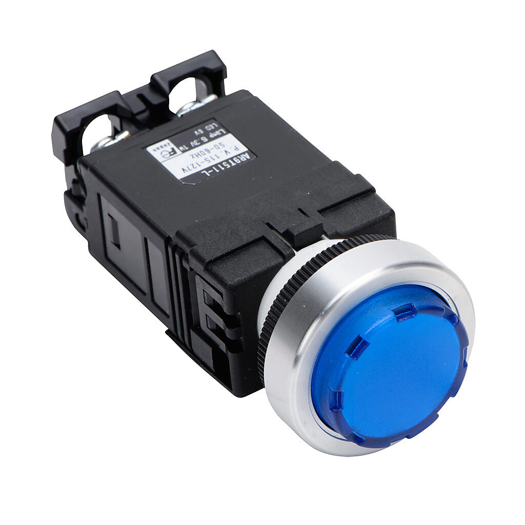 DR22E3L-L3SZA - Fuji Electric LED indicating light, permanent light function, IP65, 22mm, blue, 24mm, round, plastic base, metal bezel, 115-127 VAC, transformer.