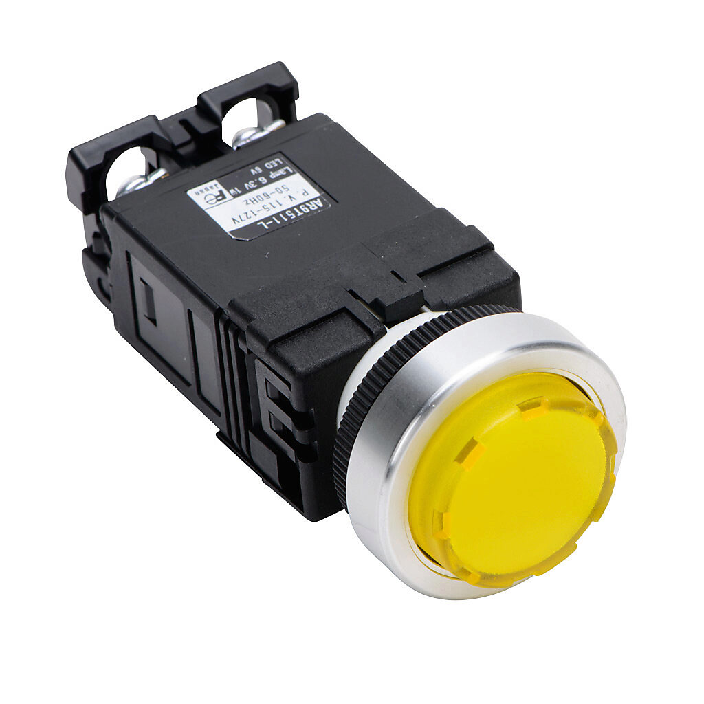 DR22E3L-L3YZA - Fuji Electric LED indicating light, permanent light function, IP65, 22mm, yellow, 24mm, round, plastic base, metal bezel, 115-127 VAC, transformer.