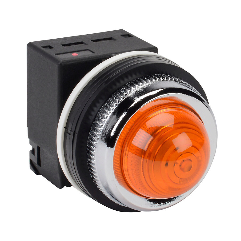 DR30D0L-L9AZC - Fuji Electric LED indicating light, permanent light function, 30mm, orange, 41mm, dome, plastic base, metal bezel, 115-127 VAC, transformer.