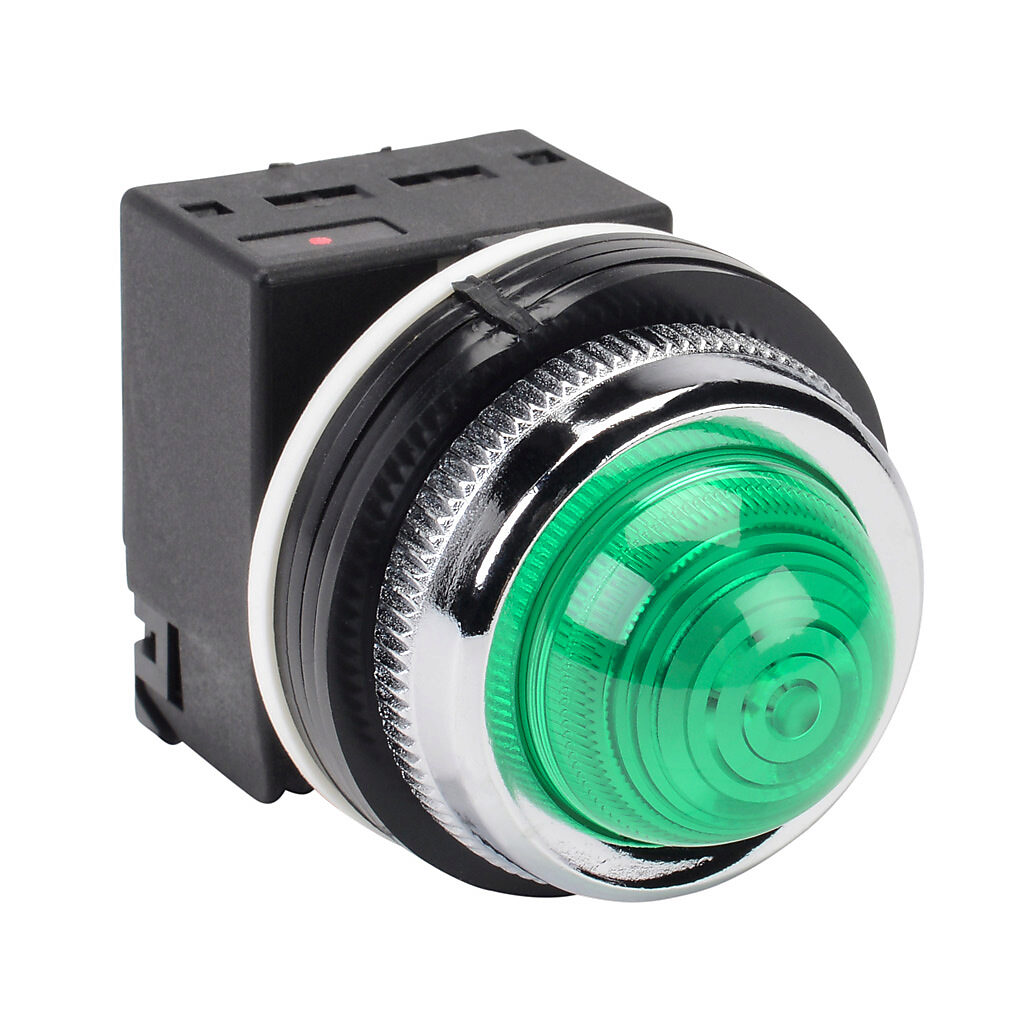 DR30D0L-L9GZC - Fuji Electric LED indicating light, permanent light function, 30mm, green, 41mm, dome, plastic base, metal bezel, 115-127 VAC, transformer.