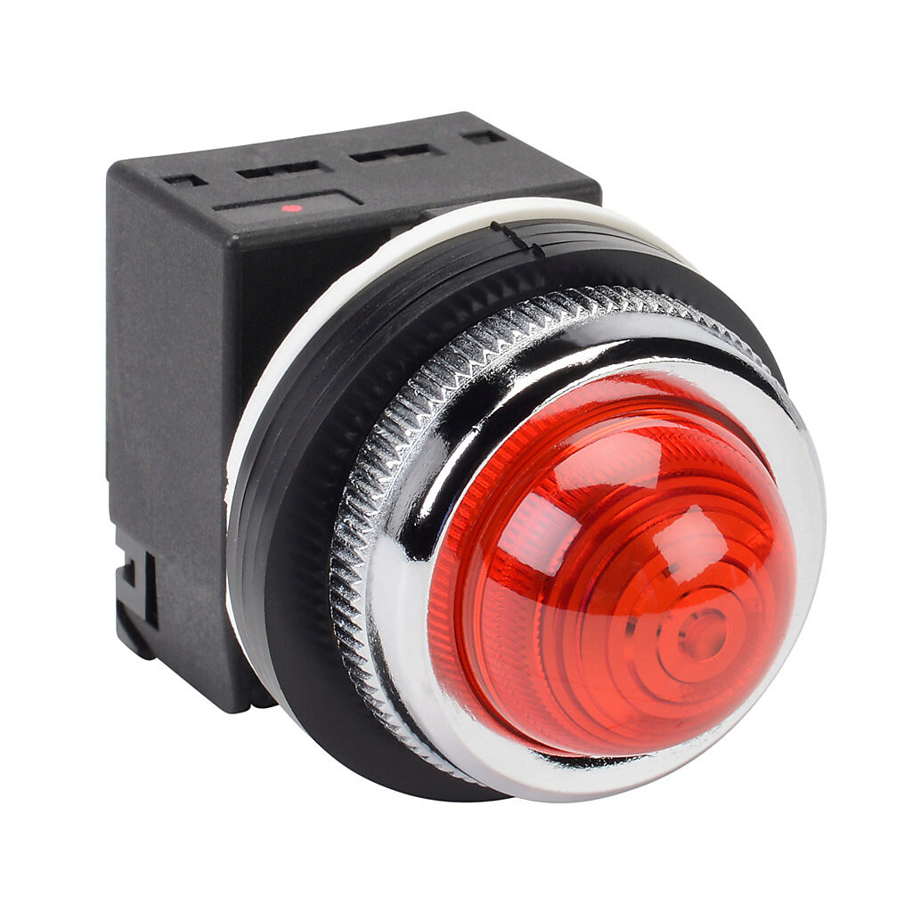 DR30D0L-L9RZC - Fuji Electric LED indicating light, permanent light function, 30mm, red, 41mm, dome, plastic base, metal bezel, 115-127 VAC, transformer.
