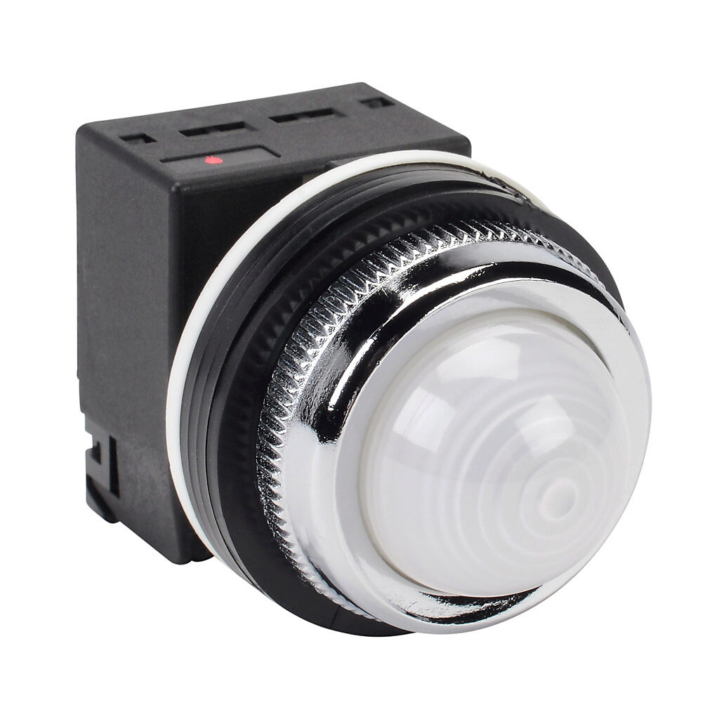 DR30D0L-L9WZC - Fuji Electric LED indicating light, permanent light function, 30mm, white, 41mm, dome, plastic base, metal bezel, 115-127 VAC, transformer.