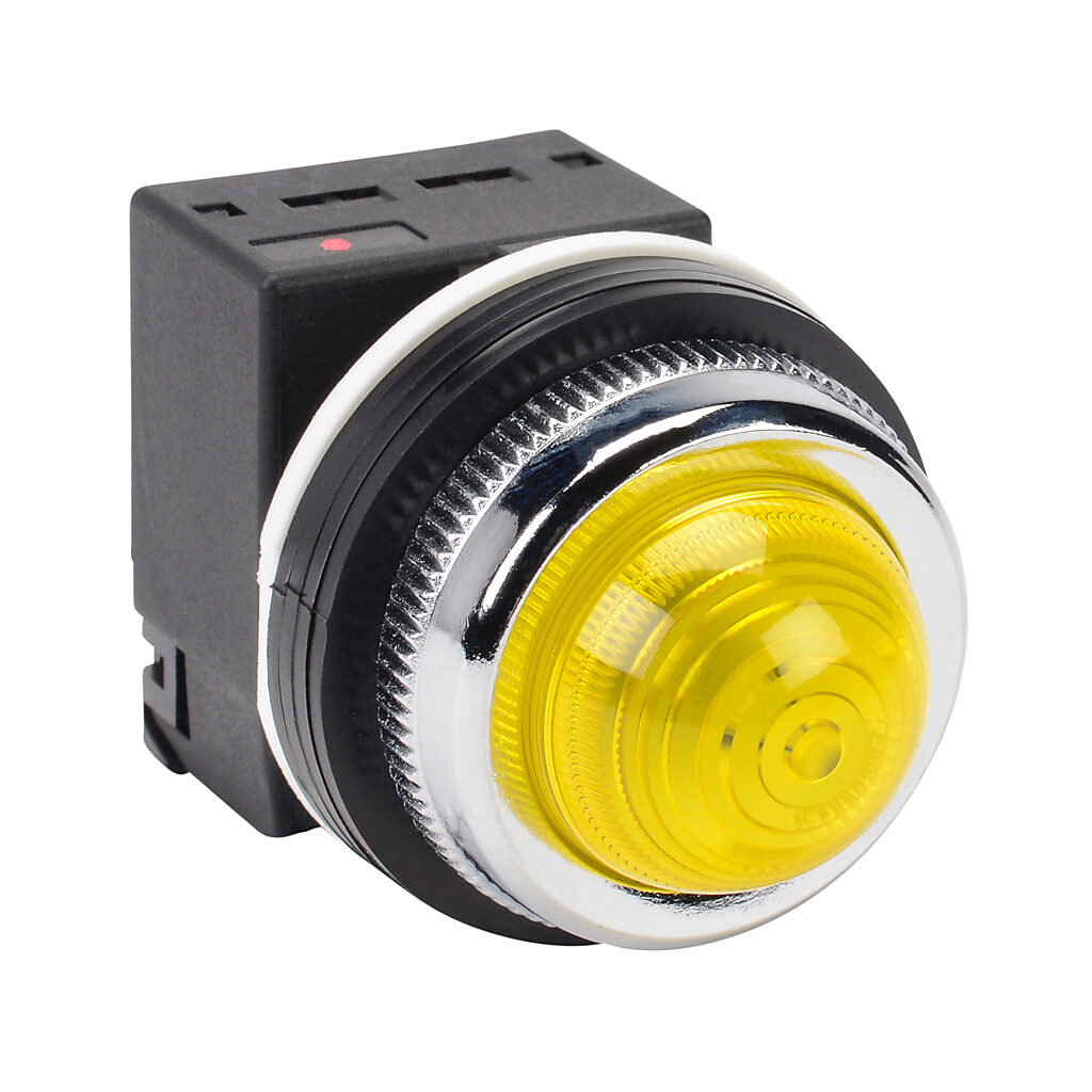 DR30D0L-L9YZC - Fuji Electric LED indicating light, permanent light function, 30mm, yellow, 41mm, dome, plastic base, metal bezel, 115-127 VAC, transformer.