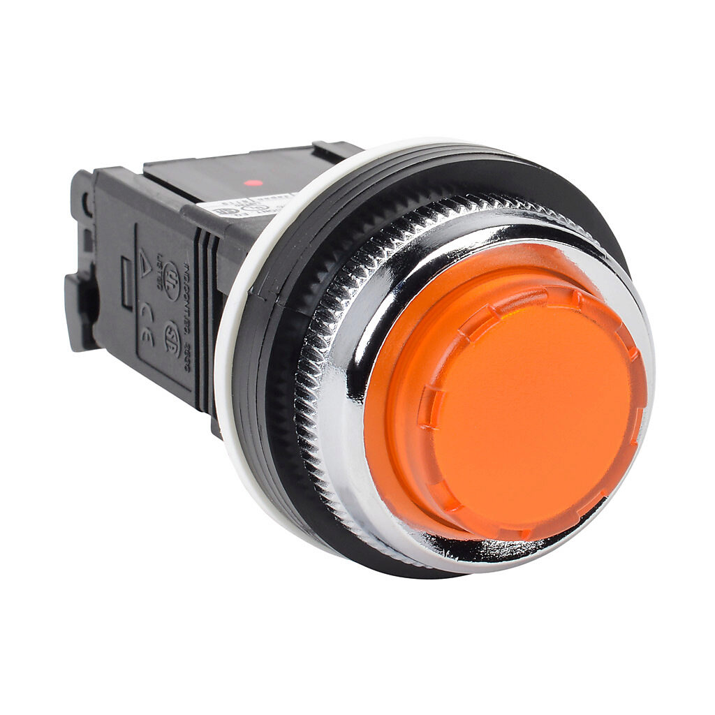 DR30E3L-L3AZC - Fuji Electric LED indicating light, permanent light function, 30mm, orange, 41mm, extended round, plastic base, metal bezel, 115-127 VAC, transformer.