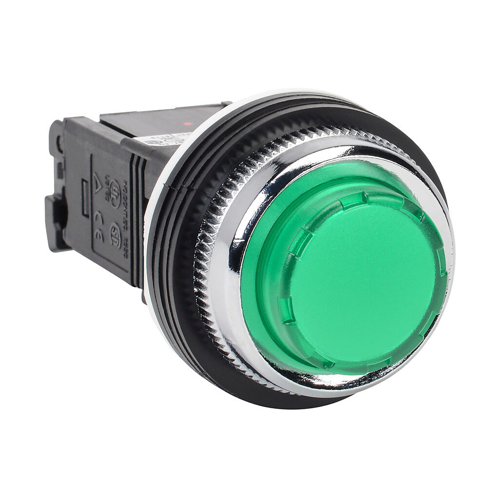 DR30E3L-L3GZC - Fuji Electric LED indicating light, permanent light function, 30mm, green, 41mm, extended round, plastic base, metal bezel, 115-127 VAC, transformer.