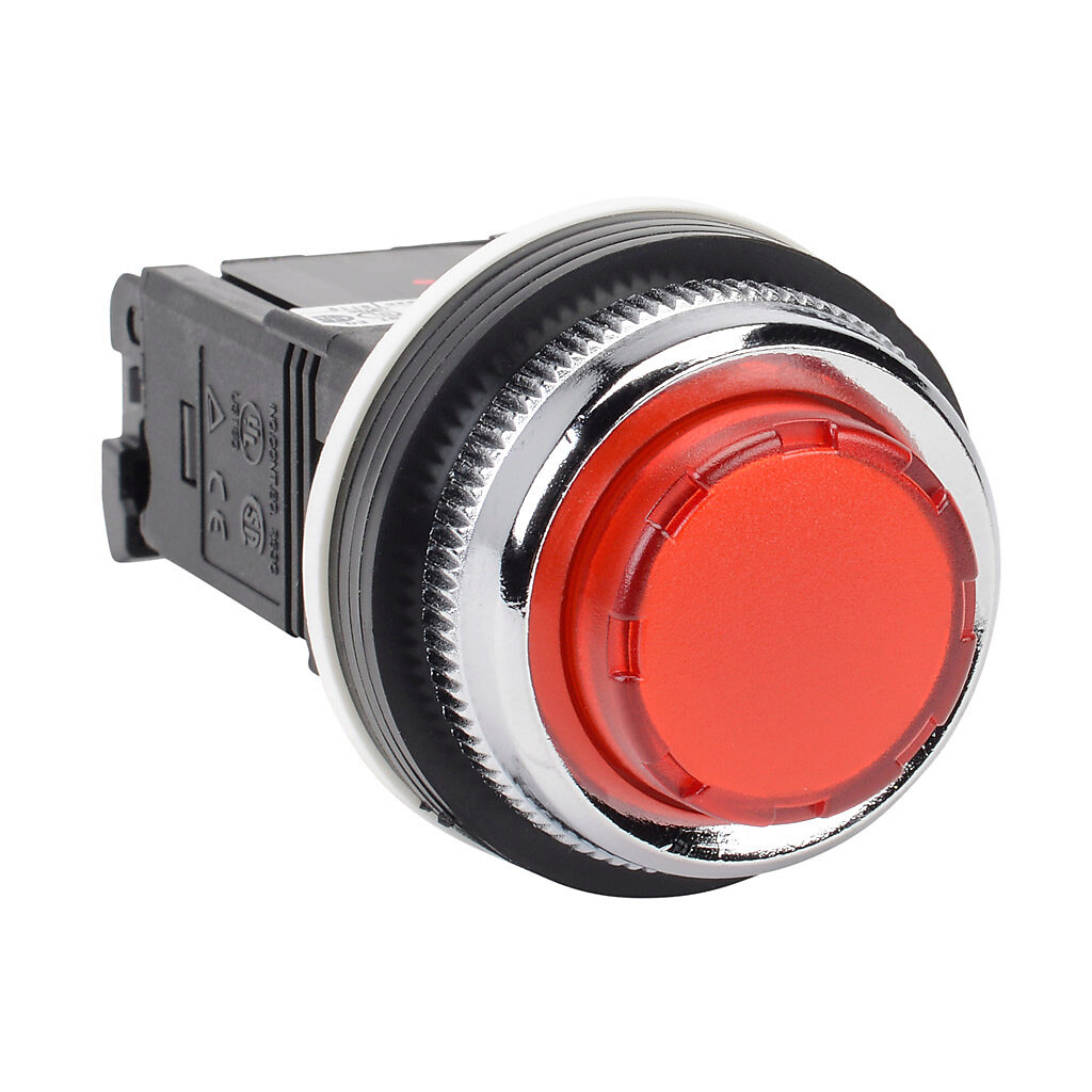 DR30E3L-L3RZC - Fuji Electric LED indicating light, permanent light function, 30mm, red, 41mm, extended round, plastic base, metal bezel, 115-127 VAC, transformer.