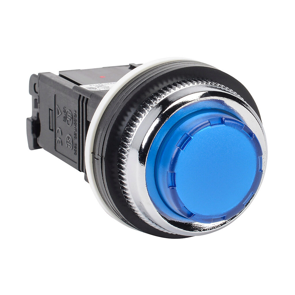 DR30E3L-L3SZC - Fuji Electric LED indicating light, permanent light function, 30mm, blue, 41mm, extended round, plastic base, metal bezel, 115-127 VAC, transformer.