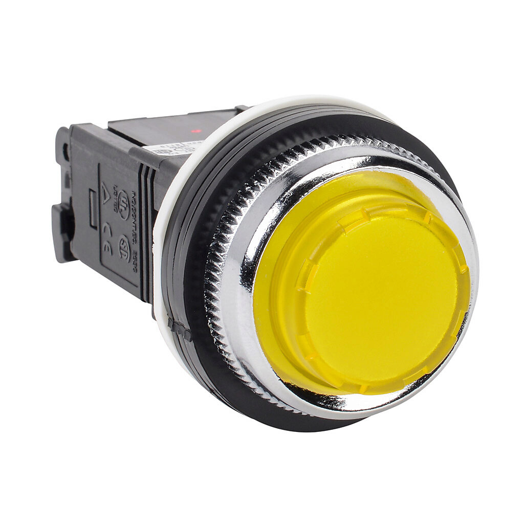 DR30E3L-L3YZC - Fuji Electric LED indicating light, permanent light function, 30mm, yellow, 41mm, extended round, plastic base, metal bezel, 115-127 VAC, transformer.