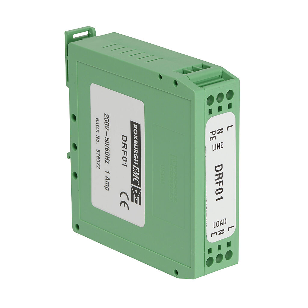 DRF01 - Roxburgh EMI input filter, 120/240 VAC, 1-phase, 1A, 35mm DIN rail mount, EMI/RFI filtering, 1-stage, general purpose, standard performance, screw terminals.
