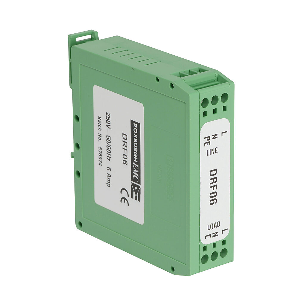 DRF06 - Roxburgh EMI input filter, 120/240 VAC, 1-phase, 6A, 35mm DIN rail mount, EMI/RFI filtering, 1-stage, general purpose, standard performance, screw terminals.