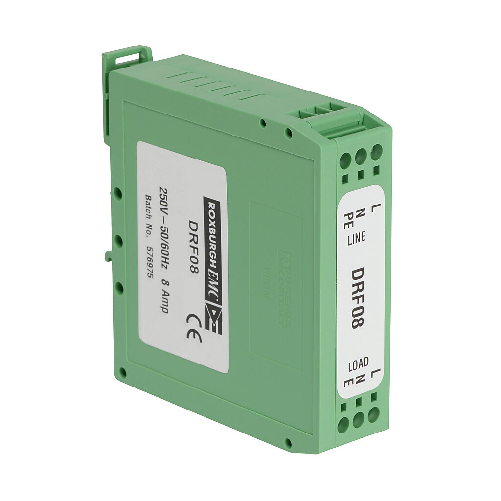DRF08 - Roxburgh EMI input filter, 120/240 VAC, 1-phase, 8A, 35mm DIN rail mount, EMI/RFI filtering, 1-stage, general purpose, standard performance, screw terminals.