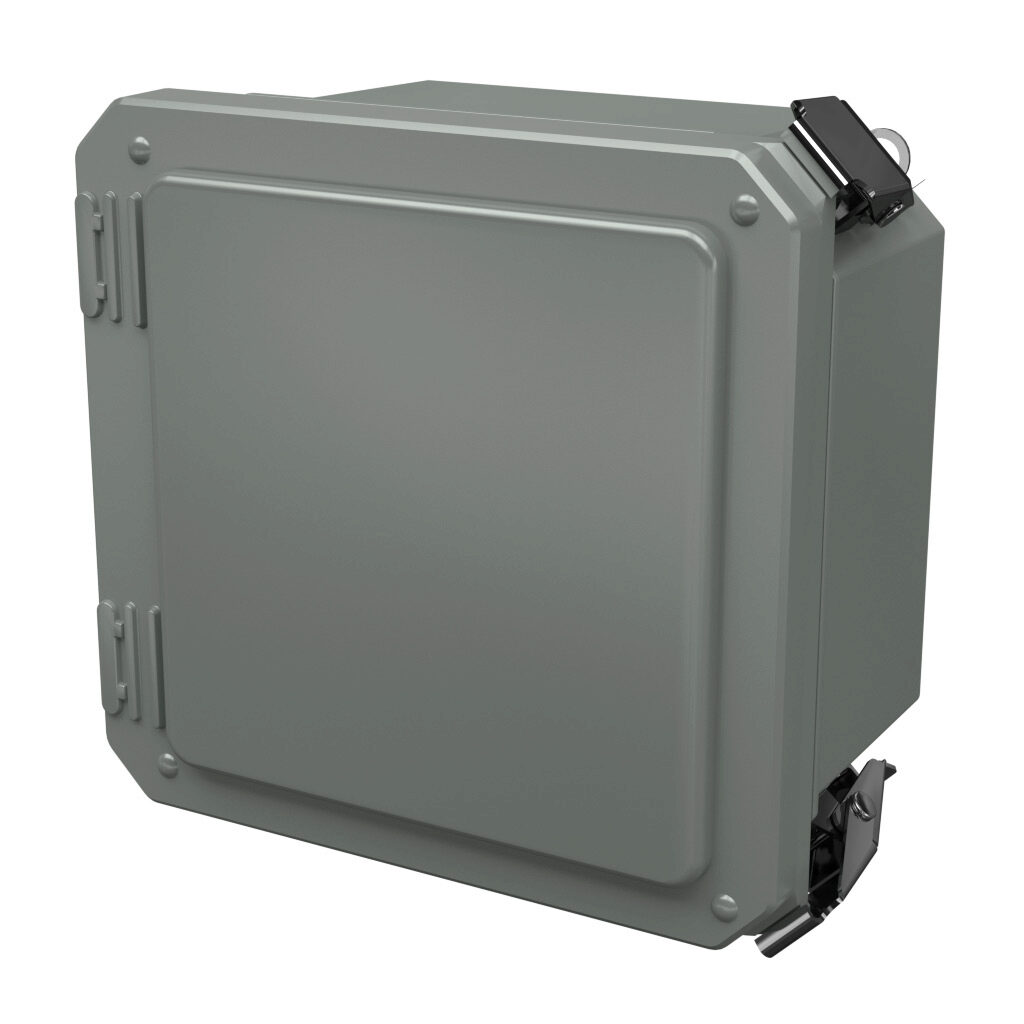 DS60604HPL - Stahlin Diamond Shield series enclosure, NEMA 1/3/3S/4X/12/13, 6 x 6 x 4in (HxWxD), wall mount, fiberglass reinforced polyester, gray, crowned single-door, quick-release latch, padlock hasp and staple.