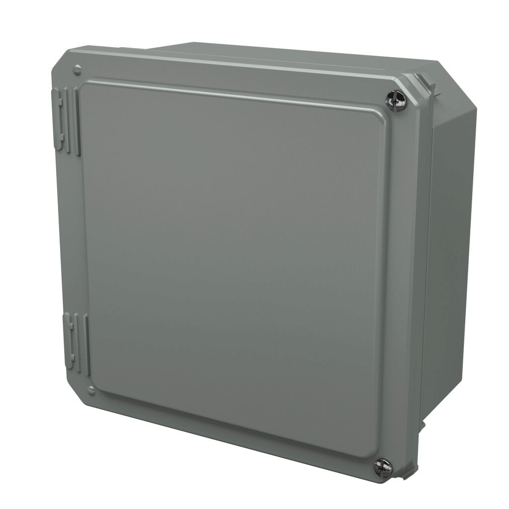 DS80804HW - Stahlin Diamond Shield series enclosure, NEMA 1/3/3S/4X/12/13, 8 x 8 x 4in (HxWxD), wall mount, fiberglass reinforced polyester, gray, crowned hinged screw cover.
