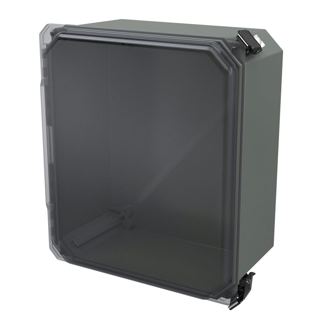 DSCC121006HPL - Stahlin Diamond Shield series enclosure, NEMA 1/3/3S/4X/12/13, 12 x 10 x 6in (HxWxD), wall mount, fiberglass reinforced polyester, gray, clear polycarbonate single-door, quick-release latch, padlock hasp and staple.