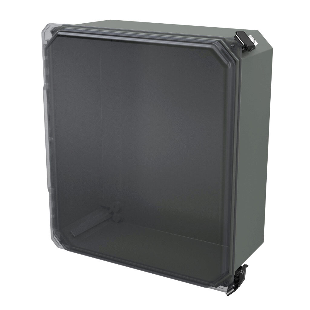 DSCC141206HPL - Stahlin Diamond Shield series enclosure, NEMA 1/3/3S/4X/12/13, 14 x 12 x 6in (HxWxD), wall mount, fiberglass reinforced polyester, gray, clear polycarbonate single-door, quick-release latch, padlock hasp and staple.