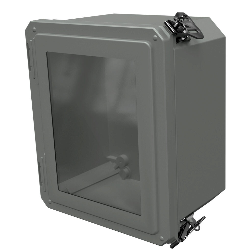 DSW100806HLL - Stahlin Diamond Shield series enclosure, NEMA 1/3/3S/4X/12/13, 10 x 8 x 6in (HxWxD), wall mount, fiberglass reinforced polyester, gray, crowned single-door, twist-lock latch, padlock hasp and staple, SAR acrylic window.