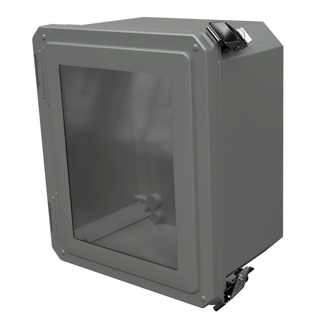 DSW100806HPL - Stahlin Diamond Shield series enclosure, NEMA 1/3/3S/4X/12/13, 10 x 8 x 6in (HxWxD), wall mount, fiberglass reinforced polyester, gray, crowned single-door, quick-release latch, padlock hasp and staple, SAR acrylic window.
