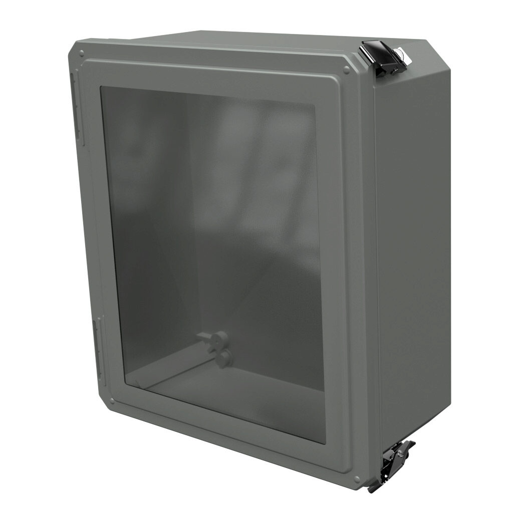 DSW141206HPL - Stahlin Diamond Shield series enclosure, NEMA 1/3/3S/4X/12/13, 14 x 12 x 6in (HxWxD), wall mount, fiberglass reinforced polyester, gray, crowned single-door, quick-release latch, padlock hasp and staple, SAR acrylic window.