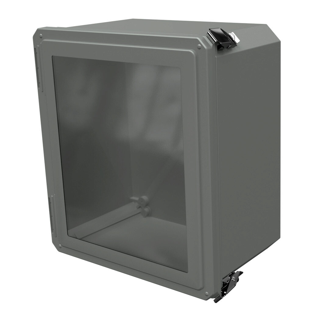 DSW141208HPL - Stahlin Diamond Shield series enclosure, NEMA 1/3/3S/4X/12/13, 14 x 12 x 8in (HxWxD), wall mount, fiberglass reinforced polyester, gray, crowned single-door, quick-release latch, padlock hasp and staple, SAR acrylic window.
