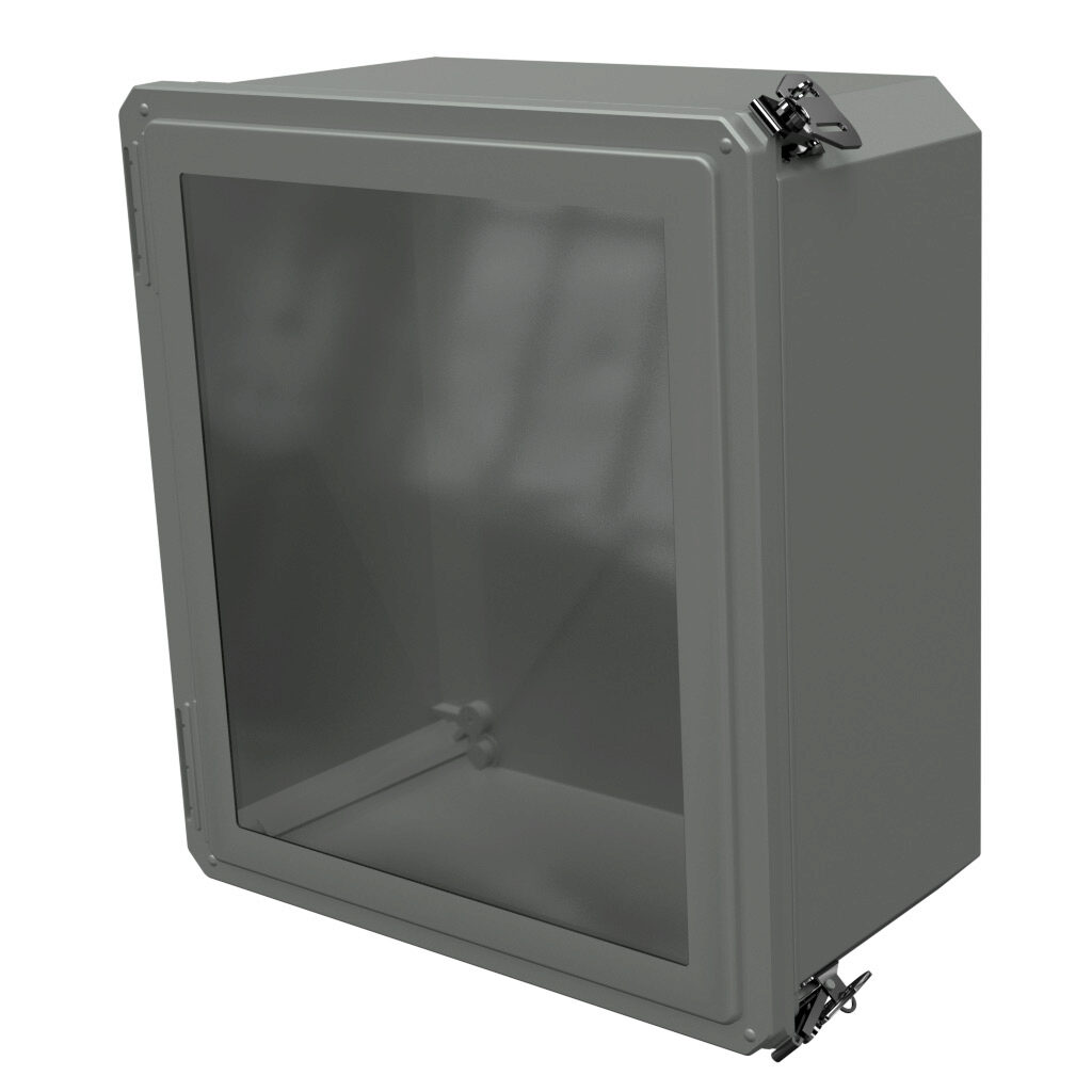 DSW161408HLL - Stahlin Diamond Shield series enclosure, NEMA 1/3/3S/4X/12/13, 16 x 14 x 8in (HxWxD), wall mount, fiberglass reinforced polyester, gray, crowned single-door, twist-lock latch, padlock hasp and staple, SAR acrylic window.